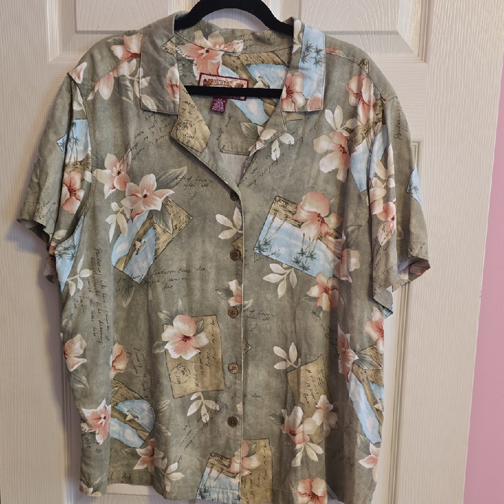 Caribbean Joe Floral Postcard Button Down Shirt‎ - Gray and Pink